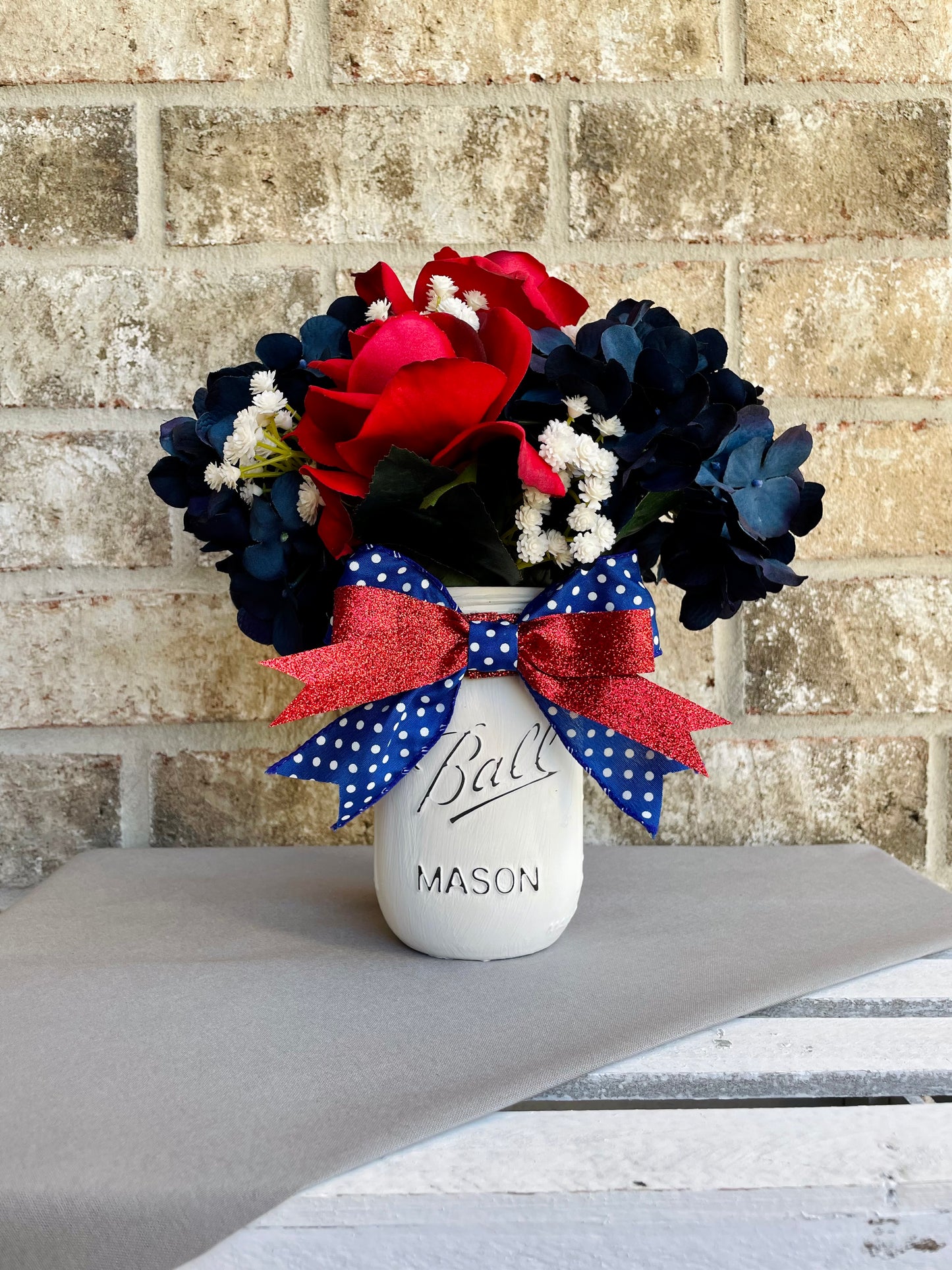 Mixed Patriotic Hydrangea, Rose, & Baby's Breath Arrangement