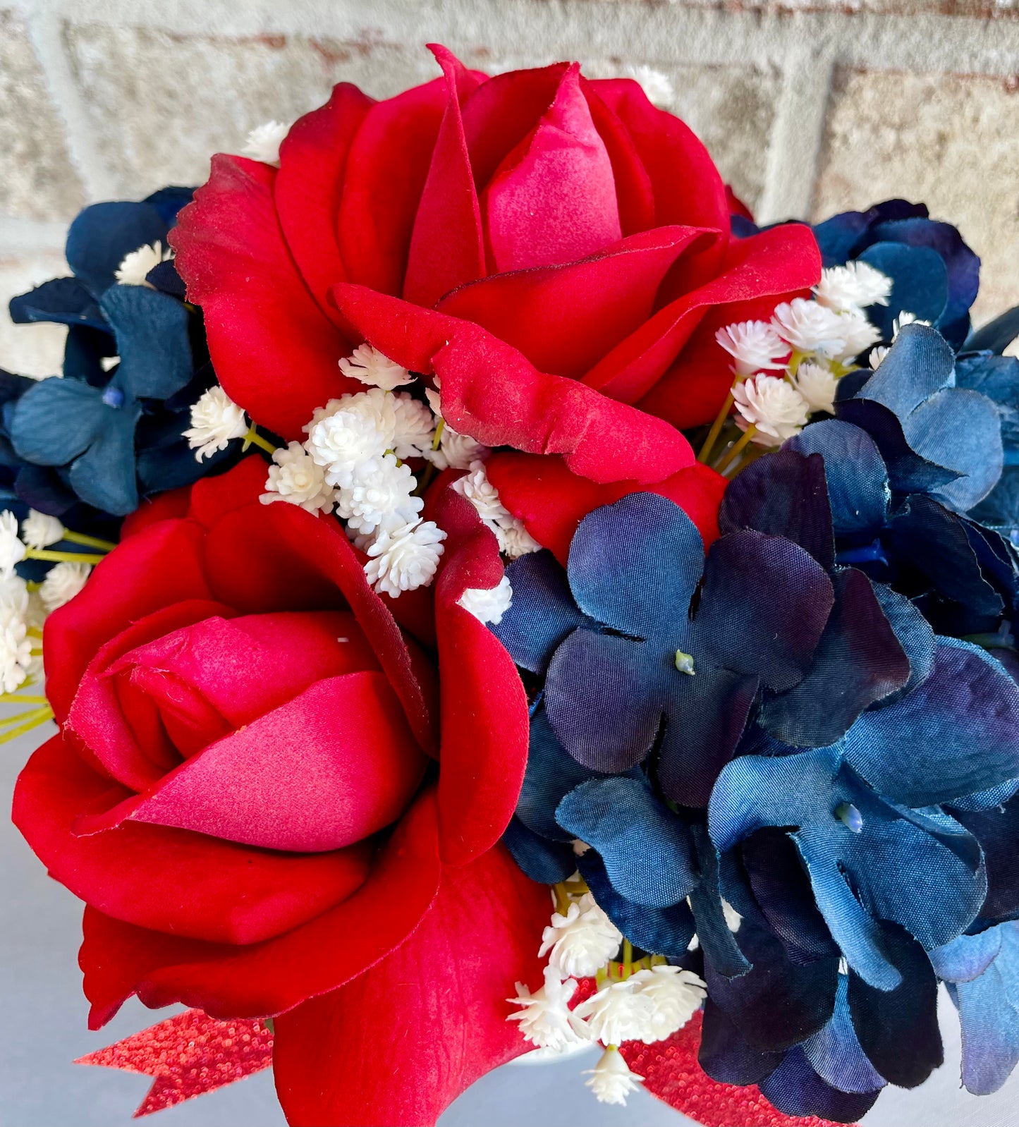 Mixed Patriotic Hydrangea, Rose, & Baby's Breath Arrangement