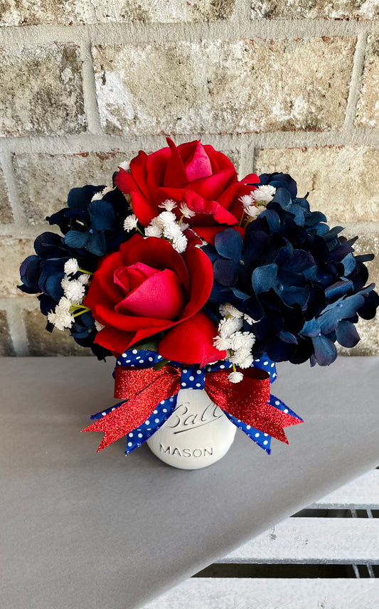 Mixed Patriotic Hydrangea, Rose, & Baby's Breath Arrangement