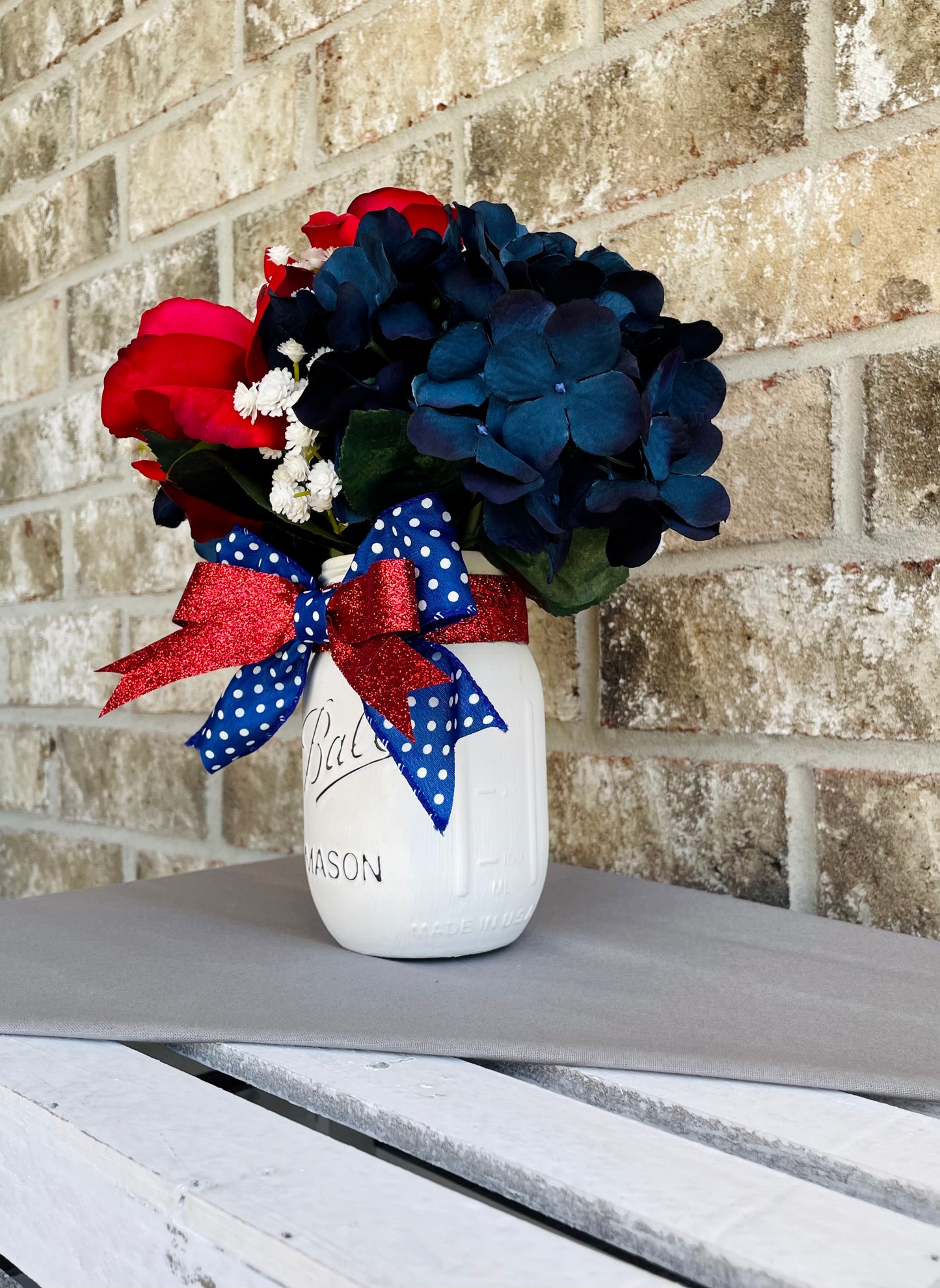 Mixed Patriotic Hydrangea, Rose, & Baby's Breath Arrangement