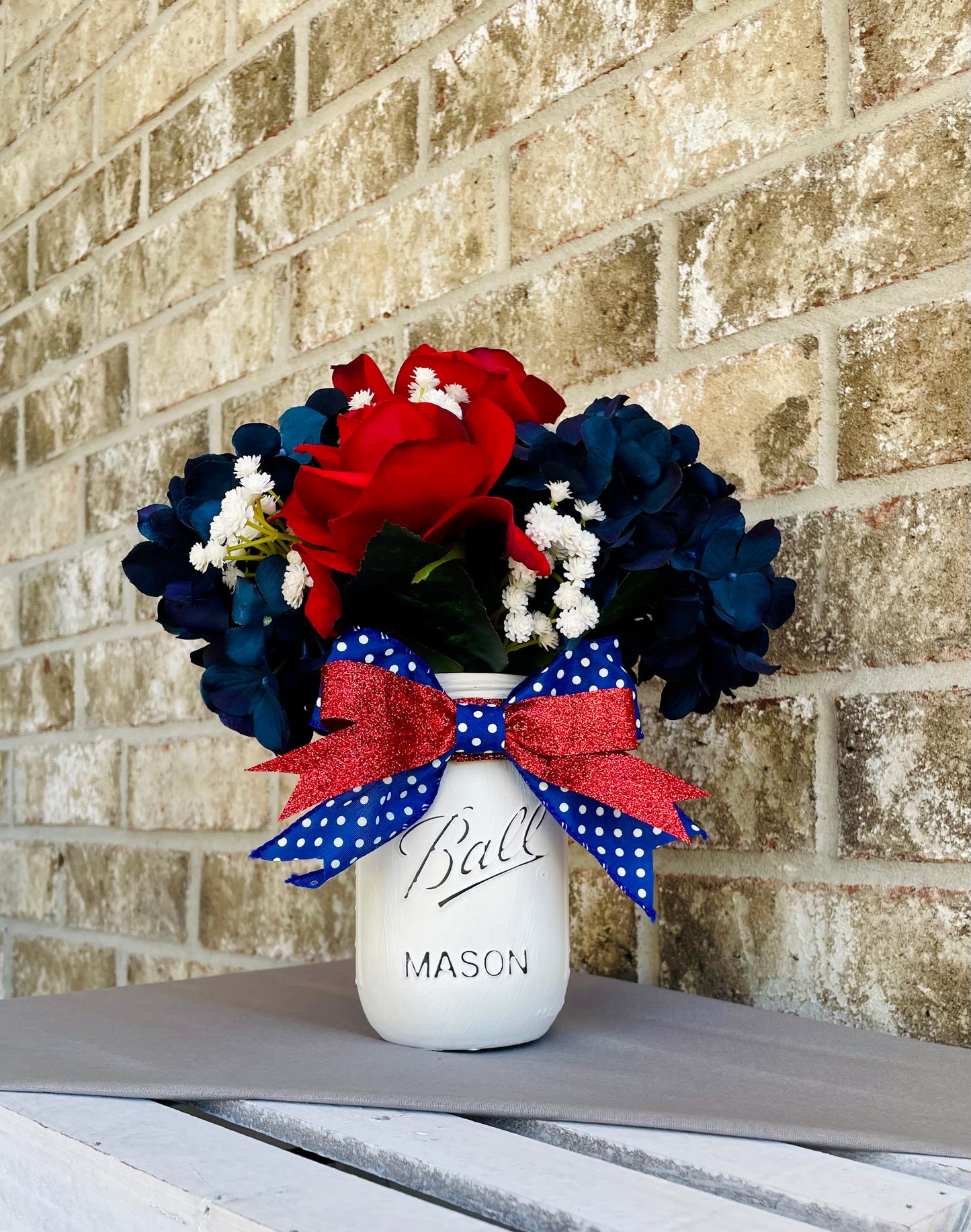 Mixed Patriotic Hydrangea, Rose, & Baby's Breath Arrangement