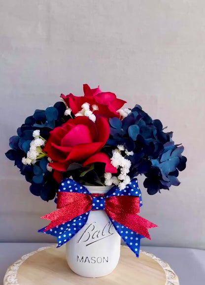 Mixed Patriotic Hydrangea, Rose, & Baby's Breath Arrangement
